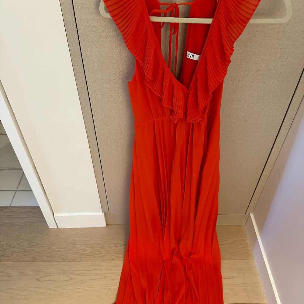 Red Chiffon Ruffle Dress from Zara in XS